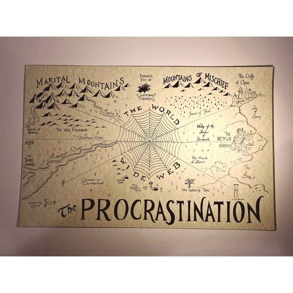 Whimsical Hand-Drawn 'Map of Procrastination' Art Work | NEW - Picture 5 of 12